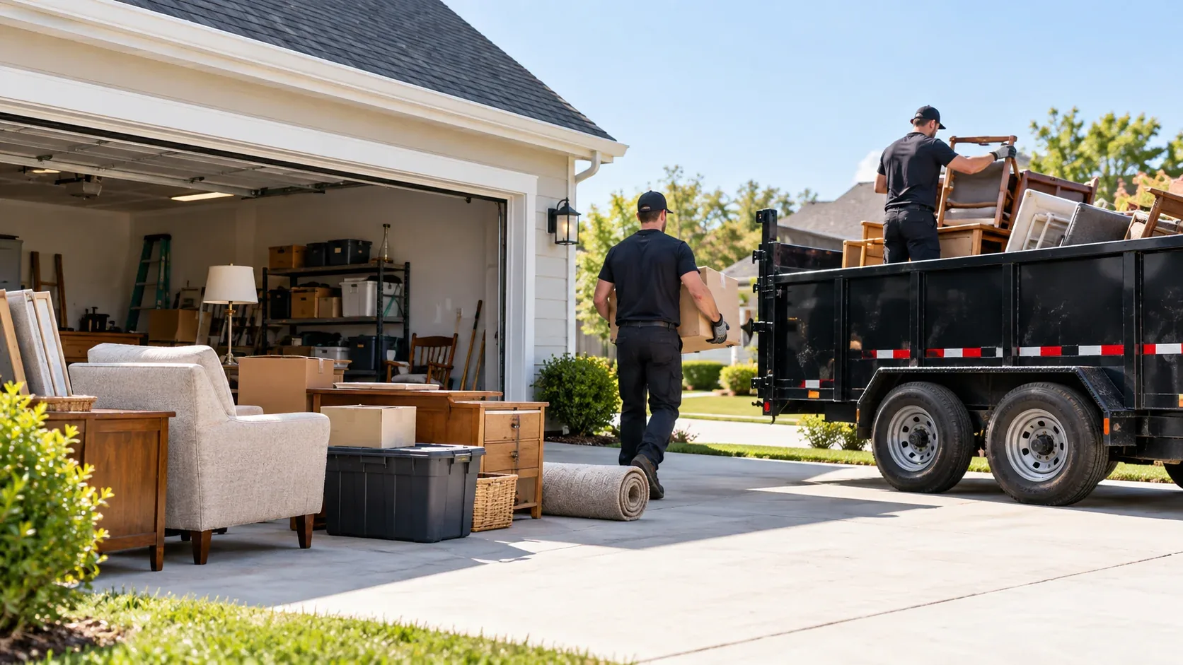 Crew carrying boxes and furniture from a garage cleanout to a black dump trailer