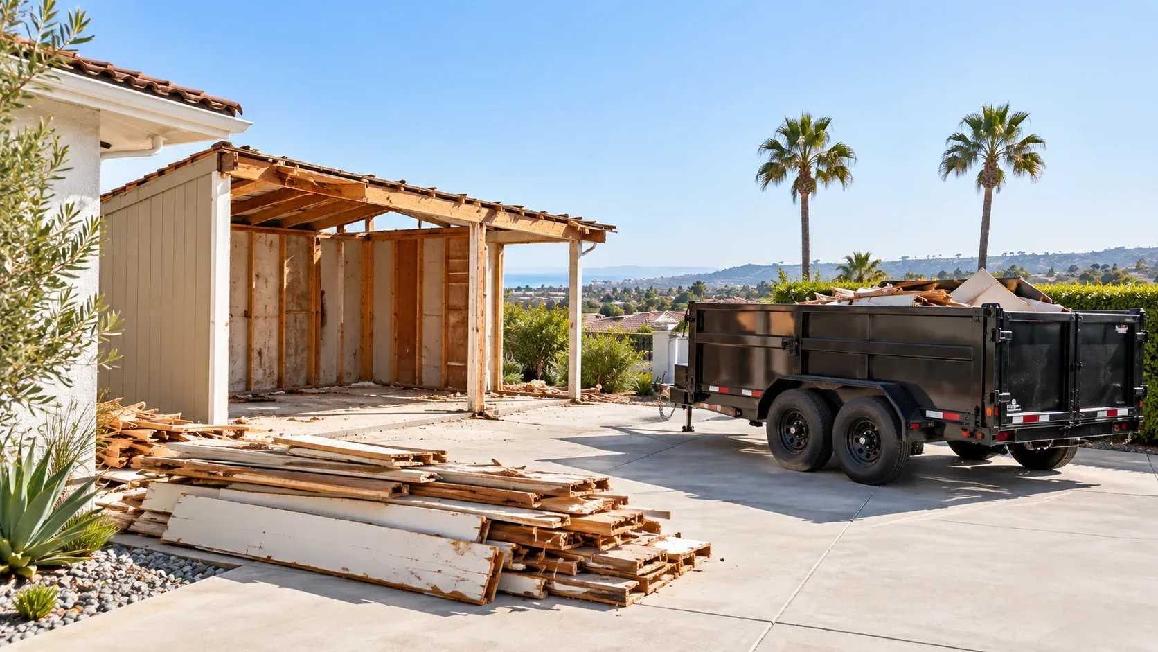 A torn-down patio cover with stacked demolition lumber next to a black dump trailer