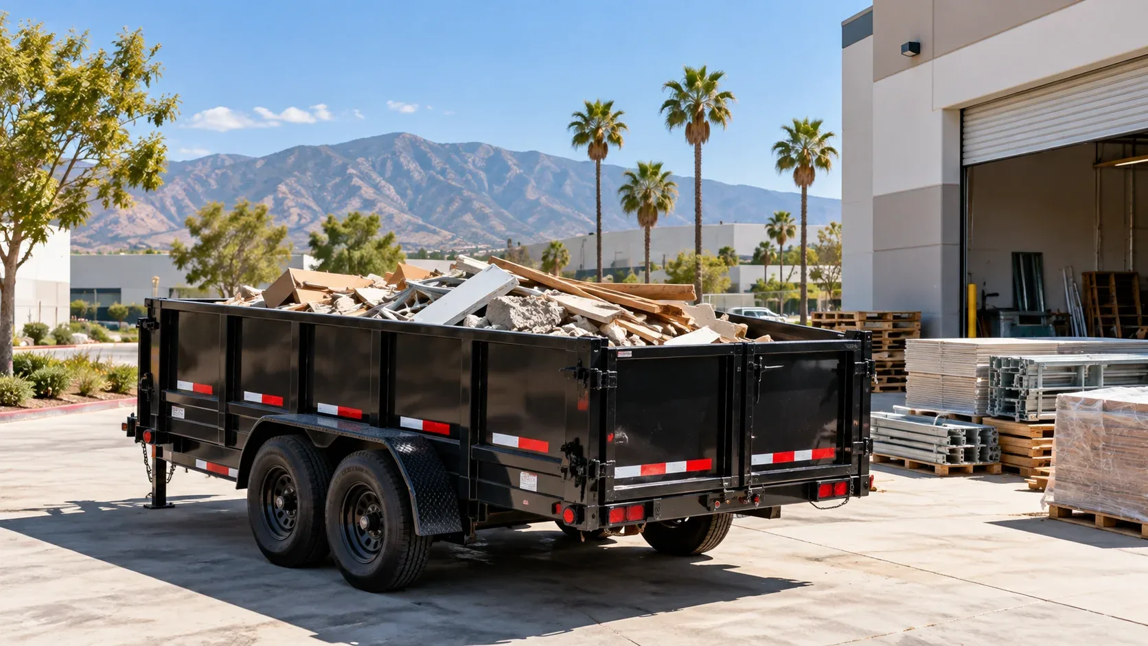 A black dump trailer loaded with construction debris outside a commercial building