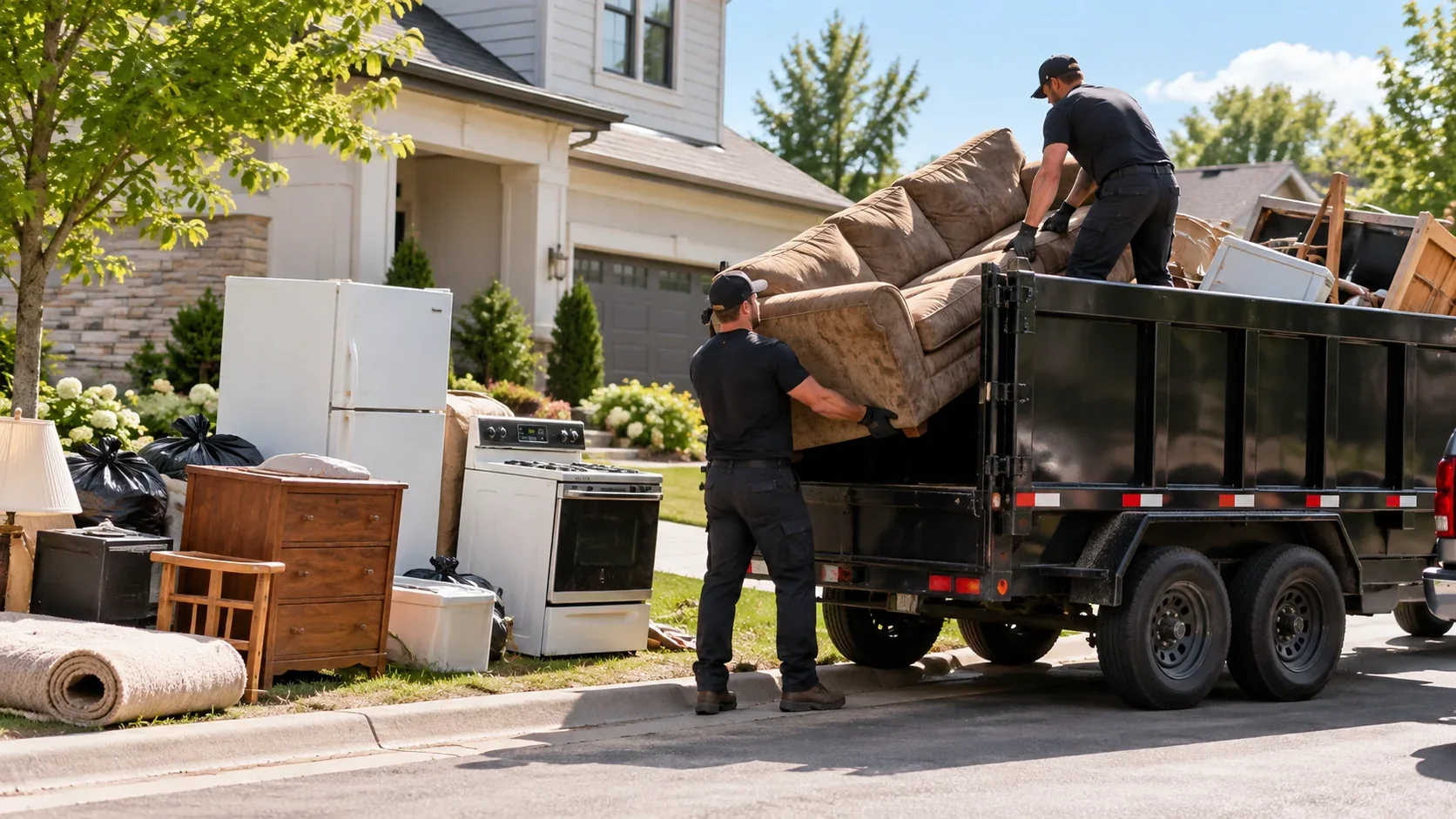 Two crew members loading an old sofa into a black dump trailer beside curbside furniture and appliances